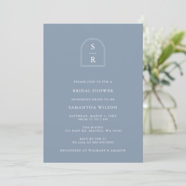 Dusty Blue Monogram Arch Modern Bridal Shower  Invitation