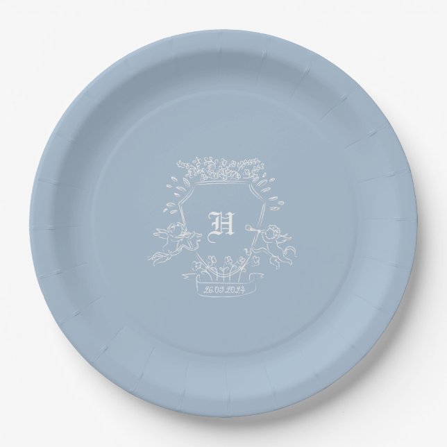 Dusty Blue Monogram Baby Shower  Paper Plates (Front)