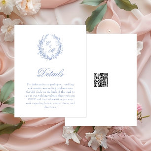 Dusty Blue Monogram Botanic Wreath Wedding Details Enclosure Card