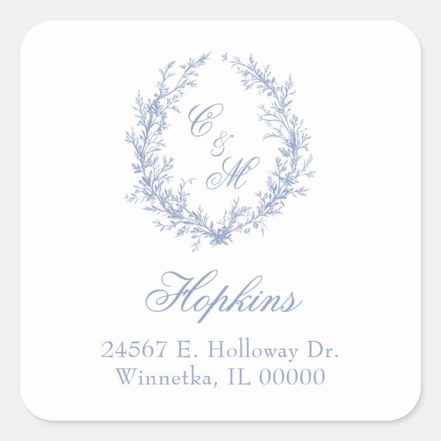 Dusty Blue Monogram Botanica Wreath Return Address Square Sticker (Front)
