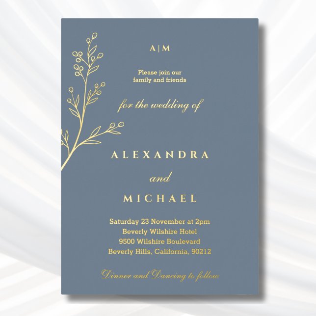 Dusty Blue Monogram Botanical Minimalist Gold Foil Invitation (Creator Uploaded)