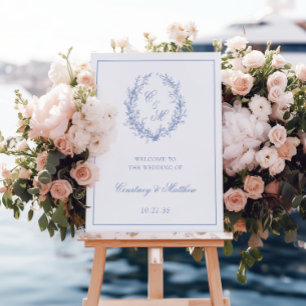 Dusty Blue Monogram Botanical Wedding Welcome Foam Board