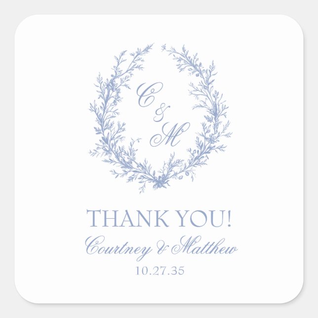 Dusty Blue Monogram Botanical Wreath Thank You Square Sticker (Front)