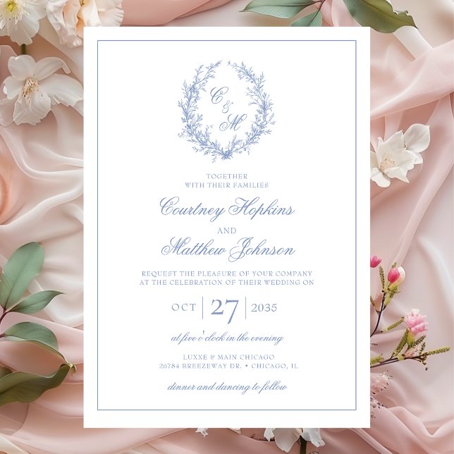 Dusty Blue Monogram Botanical Wreath Wedding Invitation (Creator Uploaded)