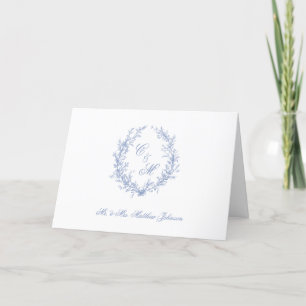 Dusty Blue Monogram Botanical Wreath Wedding Letterpress Thank You Card