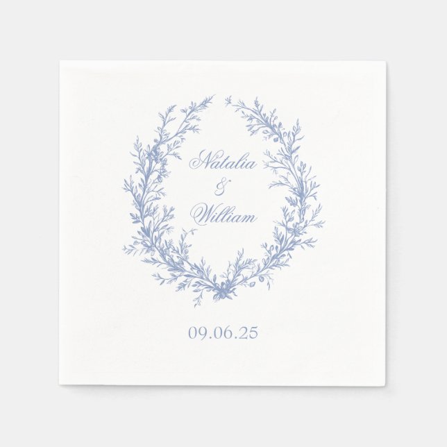 Dusty Blue Monogram Botanical Wreath Wedding Napkins (Front)