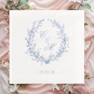Dusty Blue Monogram Botanical Wreath Wedding Napkins