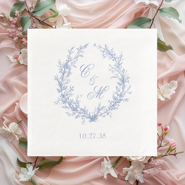 Dusty Blue Monogram Botanical Wreath Wedding Napkins (Creator Uploaded)