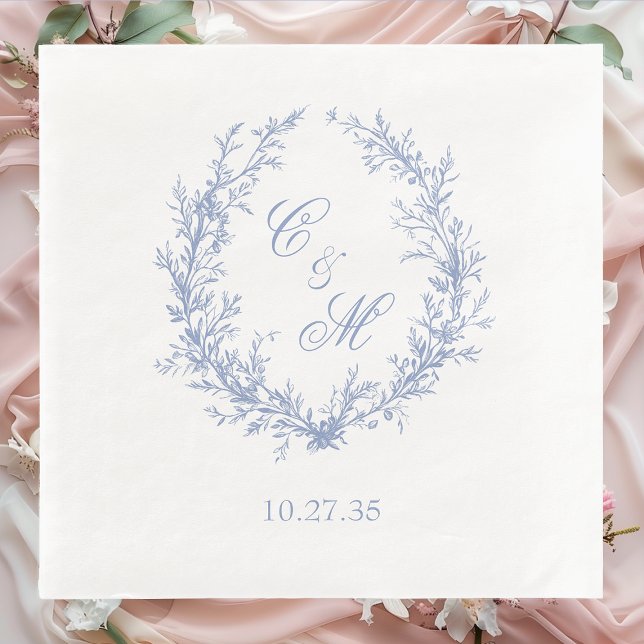 Dusty Blue Monogram Botanical Wreath Wedding Paper Dinner Napkins (Creator Uploaded)