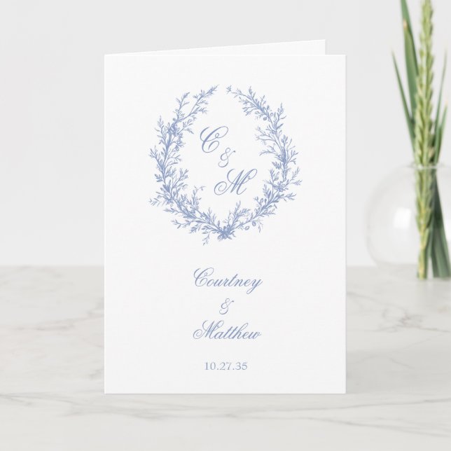 Dusty Blue Monogram Botanical Wreath Wedding Program (Front)