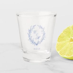 Dusty Blue Monogram Botanical Wreath Wedding Shot Glass