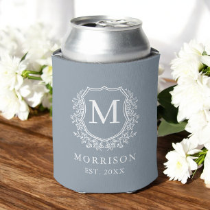 Dusty Blue Monogram Crest Botanical Wedding Can Cooler
