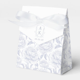 Dusty Blue Monogram Crest Chinoiserie Peonies Favor Boxes