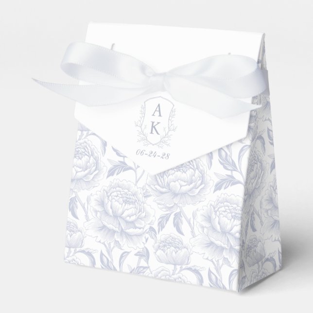 Dusty Blue Monogram Crest Chinoiserie Peonies Favor Boxes (Front Side)