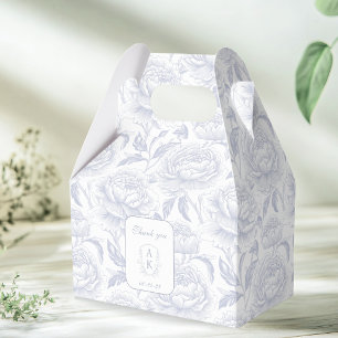 Dusty Blue Monogram Crest Chinoiserie Peonies Favor Boxes