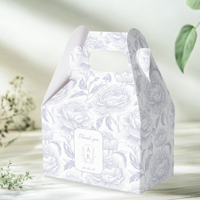 Dusty Blue Monogram Crest Chinoiserie Peonies Favor Boxes (Creator Uploaded)