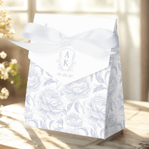 Dusty Blue Monogram Crest Chinoiserie Peonies Favor Boxes
