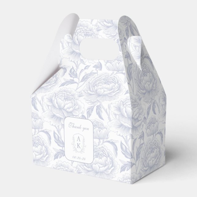 Dusty Blue Monogram Crest Chinoiserie Peonies Favor Boxes (Front Side)