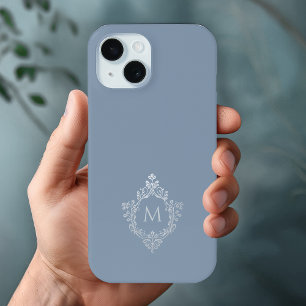 Dusty Blue Monogram Crest Elegant Vintage Gray iPhone 15 Case