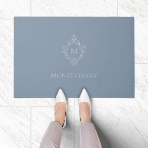Dusty Blue Monogram Crest Elegant Vintage Silver Doormat