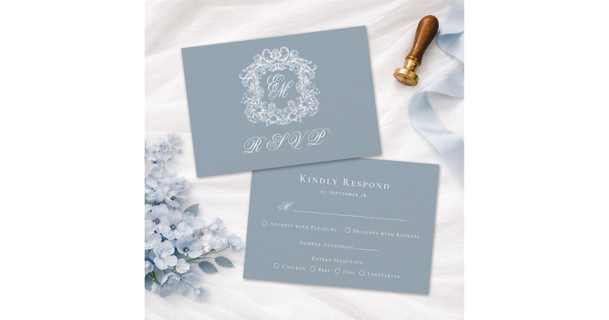 Dusty Blue Monogram Crest Elegant Wedding RSVP Card | Zazzle