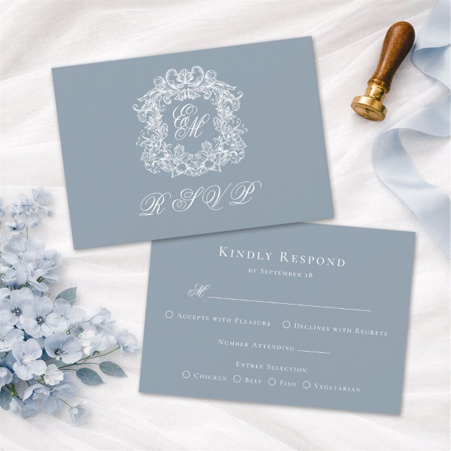 Dusty Blue Monogram Crest Elegant Wedding RSVP Card (Creator Uploaded)