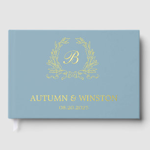 Dusty Blue Monogram Crest Foil Guest Book
