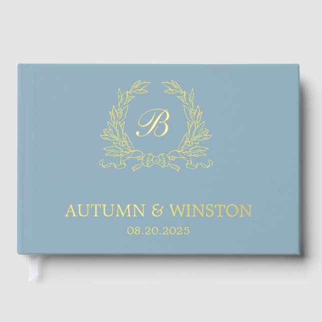 Dusty Blue Monogram Crest Foil Guest Book (Front)