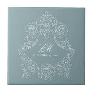 Dusty Blue Monogram Crest Regency Wedding Ceramic Tile