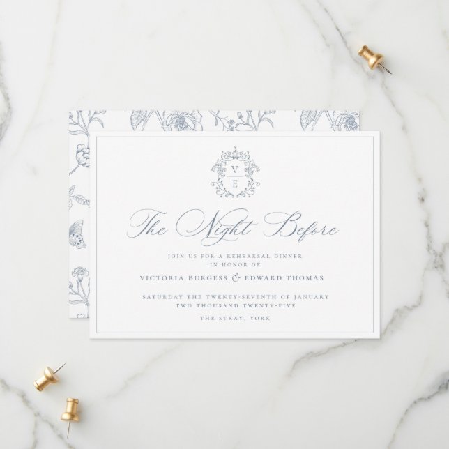 Dusty Blue Monogram Crest The Night Before Invite (Front/Back In Situ)