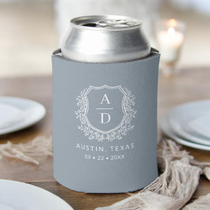 Dusty Blue Monogram Crest Wedding Can Cooler