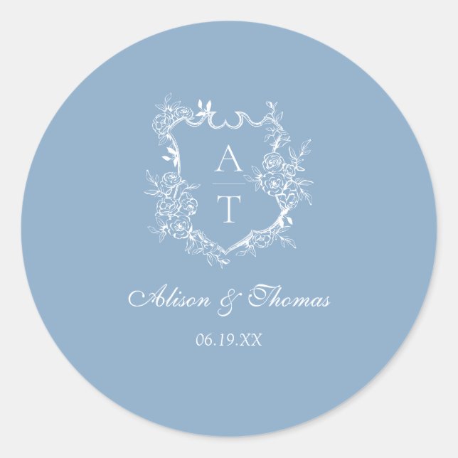 Dusty Blue Monogram Crest Wedding Envelope Seal (Front)