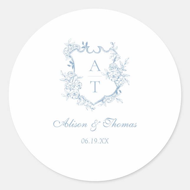 Dusty Blue Monogram Crest Wedding Envelope Seal (Front)