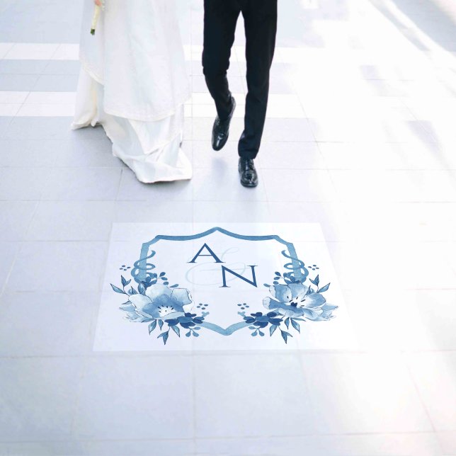 Dusty Blue Monogram Crest Wedding Floor Decals (Wedding)