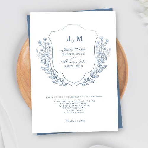 Dusty Blue Monogram Crest Wedding Invitation