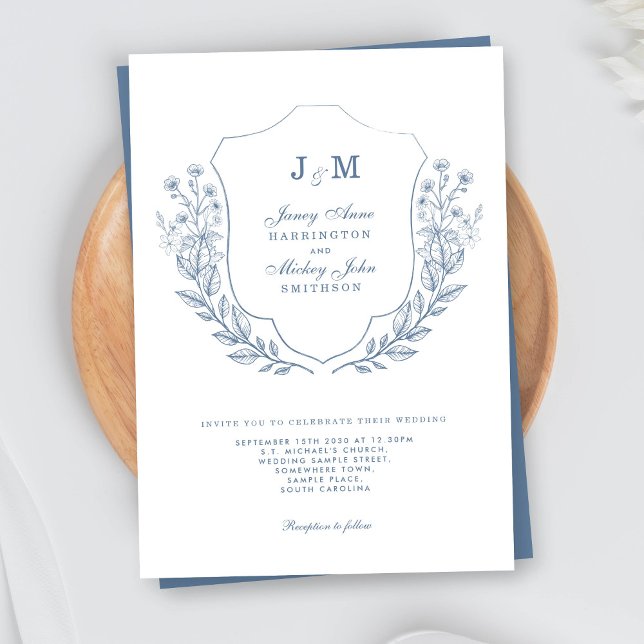 Dusty Blue Monogram Crest Wedding Invitation (Creator Uploaded)