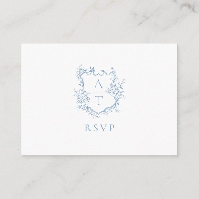 Dusty Blue Monogram Crest Wedding QR Code RSVP Enclosure Card (Back)