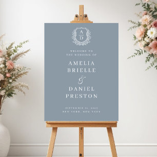 Dusty Blue Monogram Crest Wedding Welcome Sign