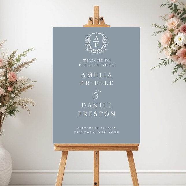 Dusty Blue Monogram Crest Wedding Welcome Sign (Creator Uploaded)