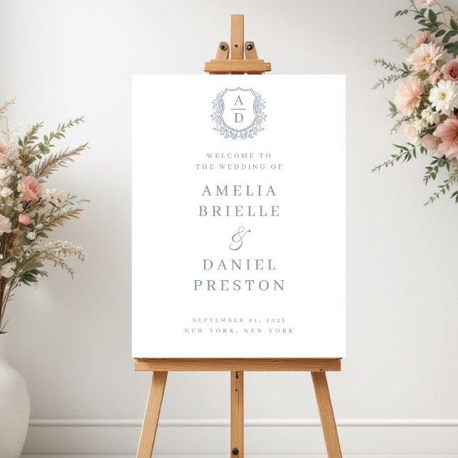 Dusty Blue Monogram Crest Wedding Welcome Sign (Creator Uploaded)
