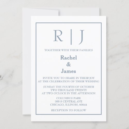 Dusty Blue Monogram Elegant Classy Minimal Wedding Invitation