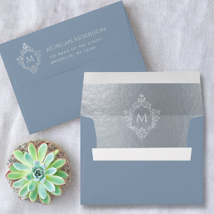 Dusty Blue Monogram Elegant Silver Crest & Address Envelope