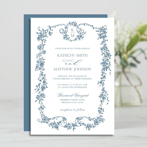 Dusty Blue Monogram Elegant Vintage Frame Wedding Invitation