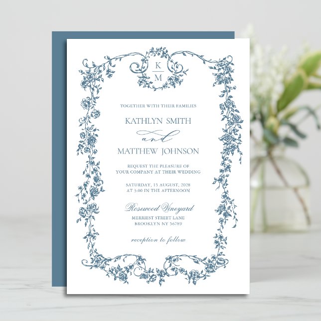 Dusty Blue Monogram Elegant Vintage Frame Wedding Invitation (Creator Uploaded)