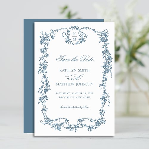 Dusty Blue Monogram Elegant Vintage Frame Wedding Save The Date
