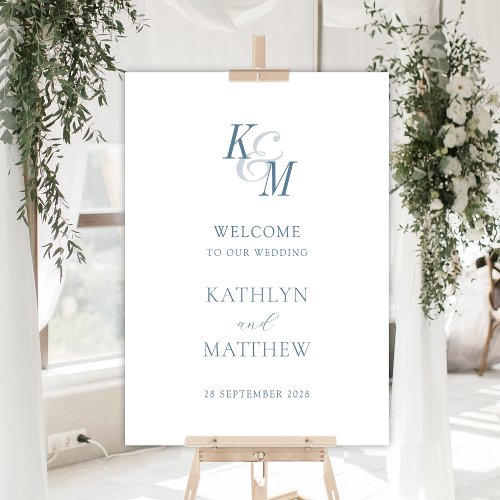 Dusty Blue Monogram Elegant Wedding Welcome Sign