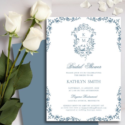 Dusty Blue Monogram Floral Vintage Bridal Shower Invitation