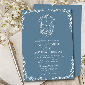 Dusty Blue Monogram Floral Vintage Crest Wedding Invitation