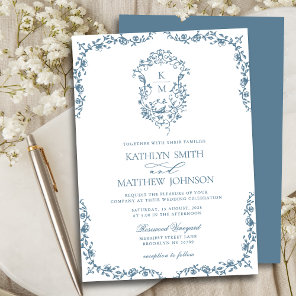 Dusty Blue Monogram Floral Vintage Crest Wedding Invitation