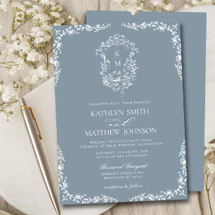 Dusty Blue Monogram Floral Vintage Crest Wedding Invitation